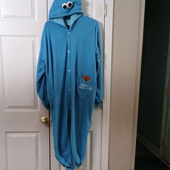 Cookie Monster oversized full button front hooded onsie pajamas costume Sz S EUC - Picture 1 of 8